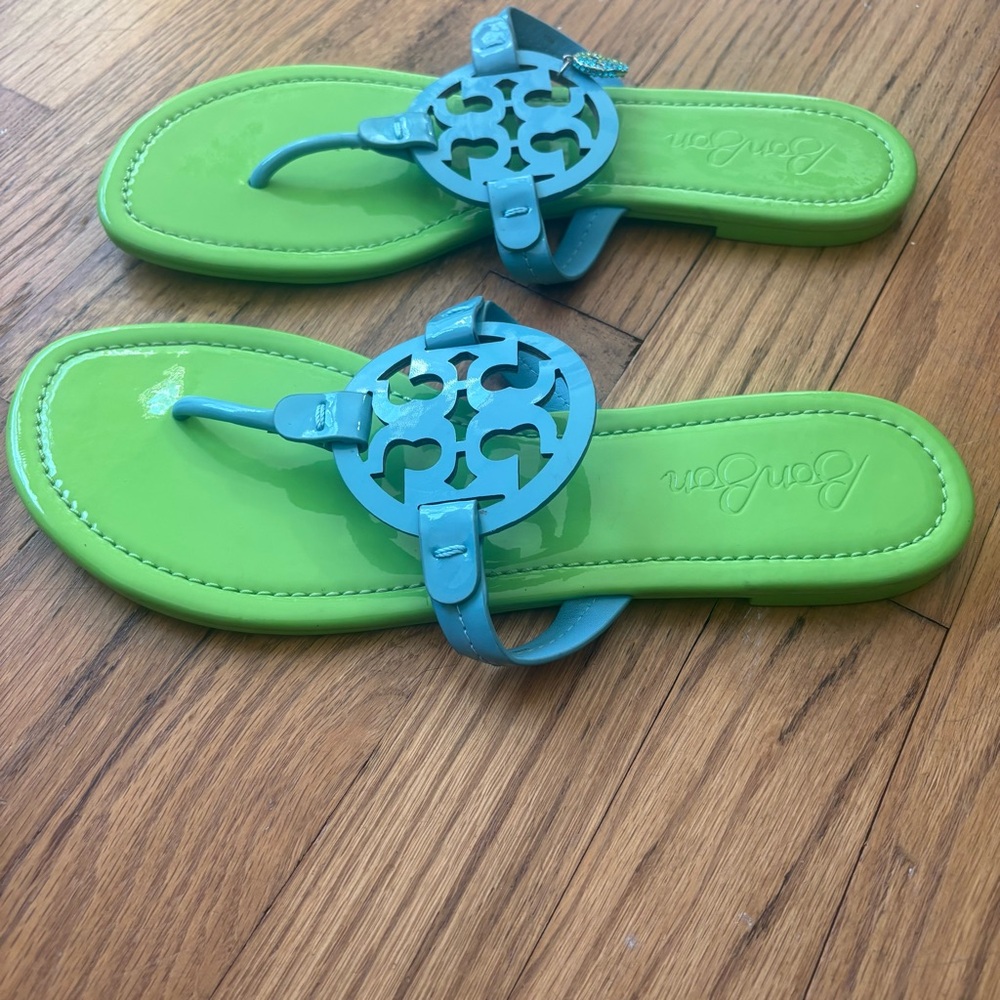 Tory Burch x BonBon Women's Miller Sandals Pineapple Blueberry Green Blue 10 - Picture 6 of 11